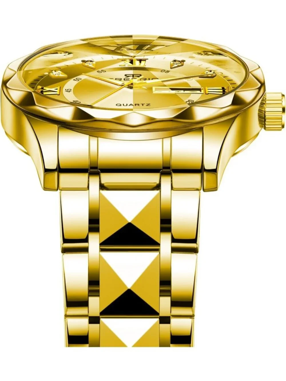 Mens Gold Stainless Steel Waterproof Diamond Analog Quartz Luminous Wrist Watch